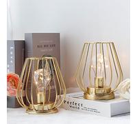 TRIROCKS Set de 2 Lámparas de Mesa Metálicas a Batería 17 cm Altas, Faroles Miniatura en Forma de Jaula con Luz de Hadas para Patio, Jardín, Bodas y Eventos (Dorado)