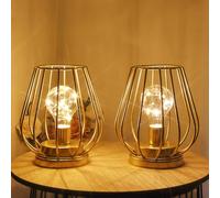 TRIROCKS Set de 2 Lámparas de Mesa Metálicas a Batería 17 cm Altas, Faroles Miniatura en Forma de Jaula con Luz de Hadas para Patio, Jardín, Bodas y Eventos (Dorado)