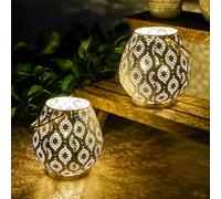 TRIROCKS Set de 2 Lámparas de Mesa Metálicas Estilo Marroquí 26 cm Altas, Faroles a Batería con Luz de Hadas para Sala, Jardín, Patio, Eventos y Mesa (Blanco)