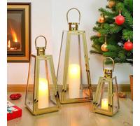 TRIROCKS Set de 3 Faroles Colgantes de Acero Inoxidable 54/40/27.5 cm Alto, Soportes de Vela para Exterior con Vidrio Templado para Sala y Fiestas (Dorado Triangular)