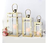 TRIROCKS Set de 3 Faroles de Acero Inoxidable 48/38/30 cm Altos, Soportes de Vela con Vidrio Transparente para Sala, Fiestas, Eventos, Interior y Exterior (Dorado)