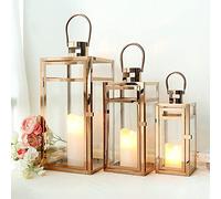 TRIROCKS Set de 3 Faroles de Acero Inoxidable 48/38/30 cm Altos, Soportes de Vela con Vidrio Transparente para Decoración de Sala, Fiestas y Eventos (Oro Rosa)