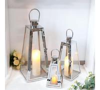 TRIROCKS Set de 3 Faroles de Acero Inoxidable 54, 40 y 27.5 cm Altos, Soportes de Vela con Vidrio Templado, Ideal para Decoración de Sala, Mesa, Interior y Exterior (Plata)