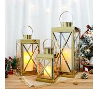 TRIROCKS Set de 3 Faroles de Acero Inoxidable Elegantes, Tamaños 40, 31 y 21cm, Soportes de Vela de Metal con Paneles de Vidrio Transparente para Decoración Exterior (Dorado)