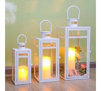 TRIROCKS Set de 3 Faroles Decorativos Metálicos Grandes para Vela, Alturas 48/38/30cm, con Vidrio Templado para Decoración de Hogar, Jardín y Fiestas (Blanco Mate)