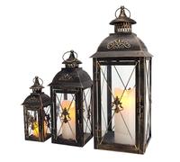 TRIROCKS Set de 3 Faroles Decorativos para Vela 49/34/24cm Alto, Soportes de Metal Vintage con Vidrio Templado para Sala, Jardín y Eventos (Negro)
