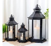 TRIROCKS Set de 3 Faroles Decorativos para Vela, Alturas 46, 33.5 y 24cm, Soportes de Metal Vintage con Vidrio Templado para Navidad, Sala, Jardín, Patio y Eventos (Negro)