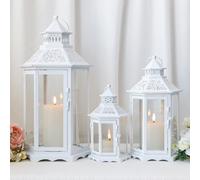 TRIROCKS Set de 3 Faroles Decorativos para Vela, Alturas 46, 33.5 y 24cm, Soportes de Metal Vintage con Vidrio Templado para Navidad, Sala, Jardín, Patio y Eventos (Blanco)