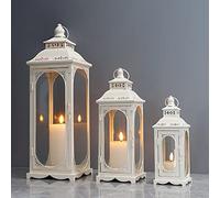 TRIROCKS Set de 3 Faroles Vintage 26/35/50 cm Altos, Soportes Decorativos de Vela con Vidrio Templado para Sala, Jardín, Patio y Eventos (Blanco Crema)