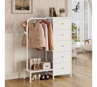 Trironsun Cómoda de tela estrecha con 5 cajones y barra para colgar ropa infantil con estante colgante reversible, ahorra espacio, armario para dormitorio o habitación infantil (color blanco)