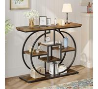 Trironsun Mesa consola estrecha para pasillo, mesa de sofá rústica de 4 niveles con marco de metal redondo, mesa de entrada industrial de madera con estantes para sala de estar y pasillo