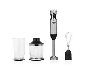 Tristar MX-4829 - Set de batidora, con batidor, picadora y vaso medidor de 700 ml con tapa, Varilla de acero inoxidable, Función turbo, Motor de 1000 W DC, Negro y plateado