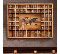 Tristcily Vitrina grande de vidrio de chupito con mapa del mundo, 60 ranuras, 34 x 26 pulgadas, gabinete de exhibición de vidrio de chupito de madera rústica para 2 tamaños, en habitaciones, bares