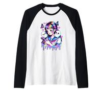 Triste Anime Chica Con Fantasmas Mariposas Glitchcore Estética Camiseta Manga Raglan