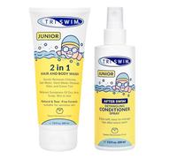 TRISWIM Junior Set Post Natación para Niños - Champú y Gel 2 en 1 + Spray Acondicionador Desenredante 200 ml | Elimina Cloro y Olores | Protege y Repara el Cabello | Sin Lágrimas | Sweet Persimmon