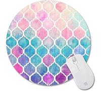 Tritó Design Alfombrilla para Ratón Redonda, Diseño Marroquí en Acuarela, 22 cm, Base de Goma 2mm, Patrón Geométrico en Azul, Rosa y Turquesa