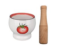 Trituradora de especias Juego de mortero y maja porcelana, decorado con un encantador juego triturador pastillas cerámica blanca patrón tomate pintado a mano, molinillo especias hierbas(Grande)