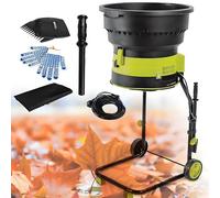 Trituradora eléctrica de hojas, trituradora de abono de 2500 W con ruedas, trituradora de 8000 rpm, embudo de 54 cm de diámetro para limpieza de patio, incluye rastrillo de hojas y bolsa de