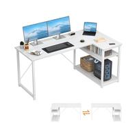 TRIUMPHKEY Escritorio Esquinero en L de 160x80 cm con Almacenamiento, Escritorio de Esquina con Estante Reversible, Estable Mesa Ordenador en L para Oficina, Estudio o Secretaría, Blanco