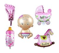 TRIXES 5 globos de aluminio para baby shower, rosa, cochecito, caballo mecedor, botella, pie y recién nacido