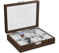 TRIXES Caja de reloj de madera con 10 ranuras, organizador de relojes de madera con ventana de cristal, caja con almohadas extraíbles