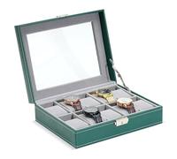 TRIXES Caja de reloj de piel sintética verde con 10 ranuras, organizador de relojes con ventana de cristal, caja con almohadas extraíbles