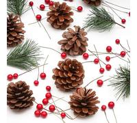 TRIXES Kit de Decoración de Corona Navideña - Piñas Artificiales, Hojas de Pino, Bayas Rojas - Corona Festiva DIY - Adorno de Manualidades