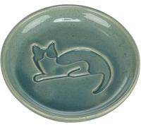TRIXIE Cuenco para gatos de cerámica esmaltada, color verde agua, con diseño de gato en relieve, diámetro de 14,5 cm, 0,15 l