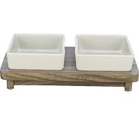TRIXIE 24824 City Style 2 x 400 ml de cerámica Blanca - Práctico Cuenco para Perros Grandes 12 x 12 cm sobre Base de Madera, Resistente y Apto para lavavajillas