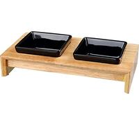 TRIXIE Set Comederos Perros Cerámica - Platos para Perros Accesorios Perros Cerámica Madera Bandeja 2 × 0.2L, 28×5×15 cm Negro