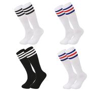 TRKETK 4 Pares Niños Calcetines de Fútbol, Calcetines de Entrenamiento para Correr Calcetines Atléticos a Rayas Hasta la Rodilla Calcetines de Algodón a Rayas para Niños Niñas Niñas de 3 a 9 Años