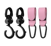 TRKETK 4 Piezas Clips para Ganchos para Cochecito, Ganchos para Cochecito Estilo Cuero Ganchos Giratorios de 360 Grados para Cochecito de Bebé Ganchos para Cochecito Universal (Rosa+Negro)