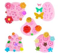 TRKETK 5 Piezas Molde de Silicona para Fondant, Chocolate Moldes 3D Molde de Flores Moldes de Flores de Margaritas Hojas Mariposas Molde para Dulces Pasteles Jabón Azúcar Cera Derretir Arcilla
