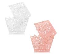 TRKETK 60 Piezas Envoltorios para Magdalenas, Forros de Encaje para Magdalenas Vasos de Papel Artísticos para Hornear Pasteles Moldes Cortados con Láser para Fiesta de Cumpleaños Boda (Blanco+Rosa)