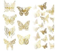 TRKETK 84 Piezas Decoración de Pared de Mariposa en 3D, 7 Estilos Pegatinas de 3 Tamaños, Decorativas Extraíbles Doradas Para Habitación
