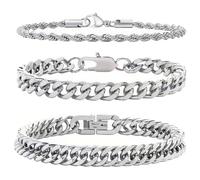 TRKETK Juego de 3 pulseras de cadena para hombre, hip hop, pulsera de plata para hombre, juego de pulseras de cadena cubana Figaro de cuerda de serpiente, regalo para papá, novio, marido, día del