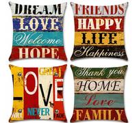 Trlyane Fundas de Cojín 45x45 cm Pack de 4, Fundas Decorativas de Lino Estilo Vintage con Letras Love Home, Cremallera Oculta, Sin Relleno, para Sofá y Salón