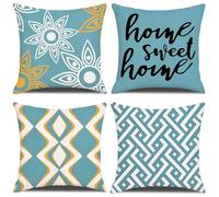 Trlyane Lote de 4 Fundas de Cojín de Lino 45x45cm, Motivo Geométrico Floral Turquesa, Impresión Unilateral, Fundas de Cojín Modernas para Sofá Salón Decoración Hogar