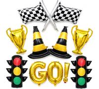 Trofeo de semáforo en blanco y negro, globos a cuadros con iluminación de coches, coches de carreras, neumáticos, decoración de dos 2 rápidos, 2 curiosos, primera vuelta alrededor de la pista