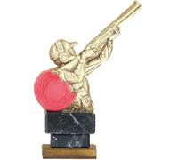 Trofeos Mora Trofeo de Tiro al Plato en Resina Base de Mármol Negro y Madera | Acabado Dorado y Naranja | Alturas 20-22-24 cm. (20 cm)