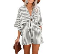 Trohollis Mono Mujer Elegante,Mono Mujer Summer Waist Slimming Striped Jumpsuit For Women, Deep V Flared Sleeve Three Quarter Pants(Gray,S)