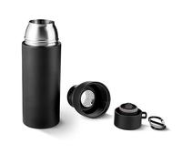 TROIKA botella térmica INFUSE+ cierre una mano, doble pared al vacío, 550 ml y doble mosquetón; acero inox 201/304 apto alimentos + plástico; negro