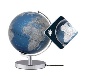 TROIKA globo iluminado Ø 25 cm TERRA LIGHT luz LED globo azul metálico mares y plata superficies terrestres, base de metal cromado, base de fieltro suave eje móvil - ideal como regalo