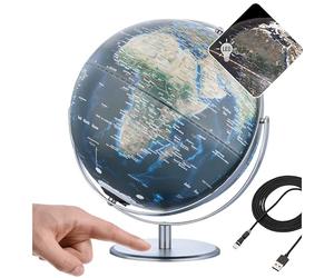 TROIKA Globo terráqueo iluminado con City Lights 30 cm JURI CITY LIGHT FLEX sobre base de metal cromado con dos ejes móviles y módulo de lámpara recargable Sompex de plástico y metal en azul, verde