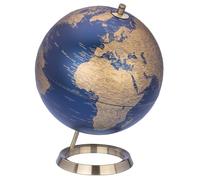 TROIKA Globo terráqueo mate de 23,5 grados, mares azul oscuro y superficies doradas de 25 mm de diámetro, relieve de mapa real, base de metal cromado con aspecto cepillado, base de fieltro suave
