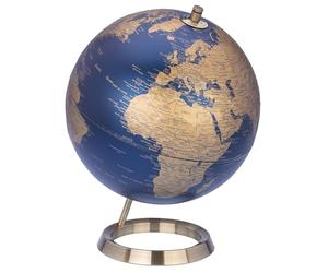 TROIKA Globo terráqueo mate de 23,5 grados, mares azul oscuro y superficies doradas de 25 mm de diámetro, relieve de mapa real, base de metal cromado con aspecto cepillado, base de fieltro suave