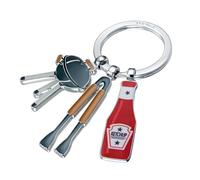 TROIKA llavero BBQ con 3 colgantes (kétchup, parrilla, pinzas), esmalte y metal fundido cromado gris/rojo; regalo para amantes del grill