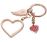 TROIKA Llavero con 3 colgantes, corazón (grande), corazón (pequeño), alas, metal fundido y esmalte brillante, color dorado