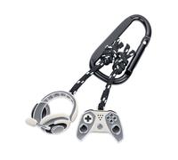 TROIKA Llavero con mosquetón para videojuegos - 2 colgantes en cuerda de escalada decorativa: controlador y auriculares - metal fundido - cromado - gris, negro y plateado original, gris, 10 x 5,8 x