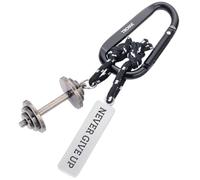 TROIKA Llavero Fitness NEVER GIVE UP con mosquetón, 2 colgantes en cuerda de escalada decorativa: mancuernas y placa, aleación de zinc, cromado, negro, plateado original, Negro/Plateado, 11,7 x 4,5 x